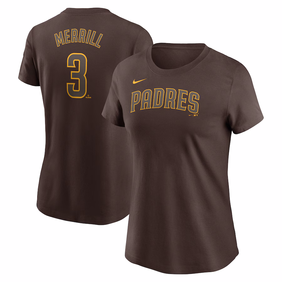 Women's San Diego Padres Jackson Merrill Nike Brown Fuse Name & Number T-Shirt - ujerseystore