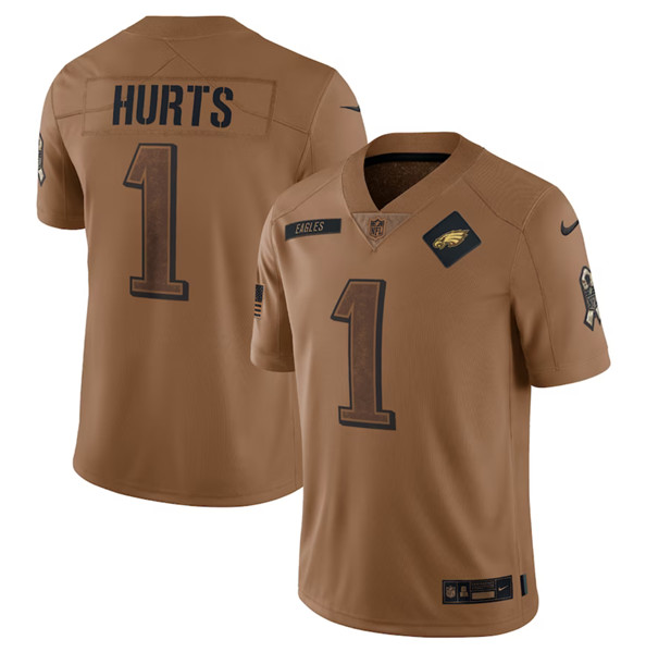Men's Philadelphia Eagles #1 Jalen Hurts 2023 Brown Salute To Service Limited Football Stitched Jersey - ujerseystore