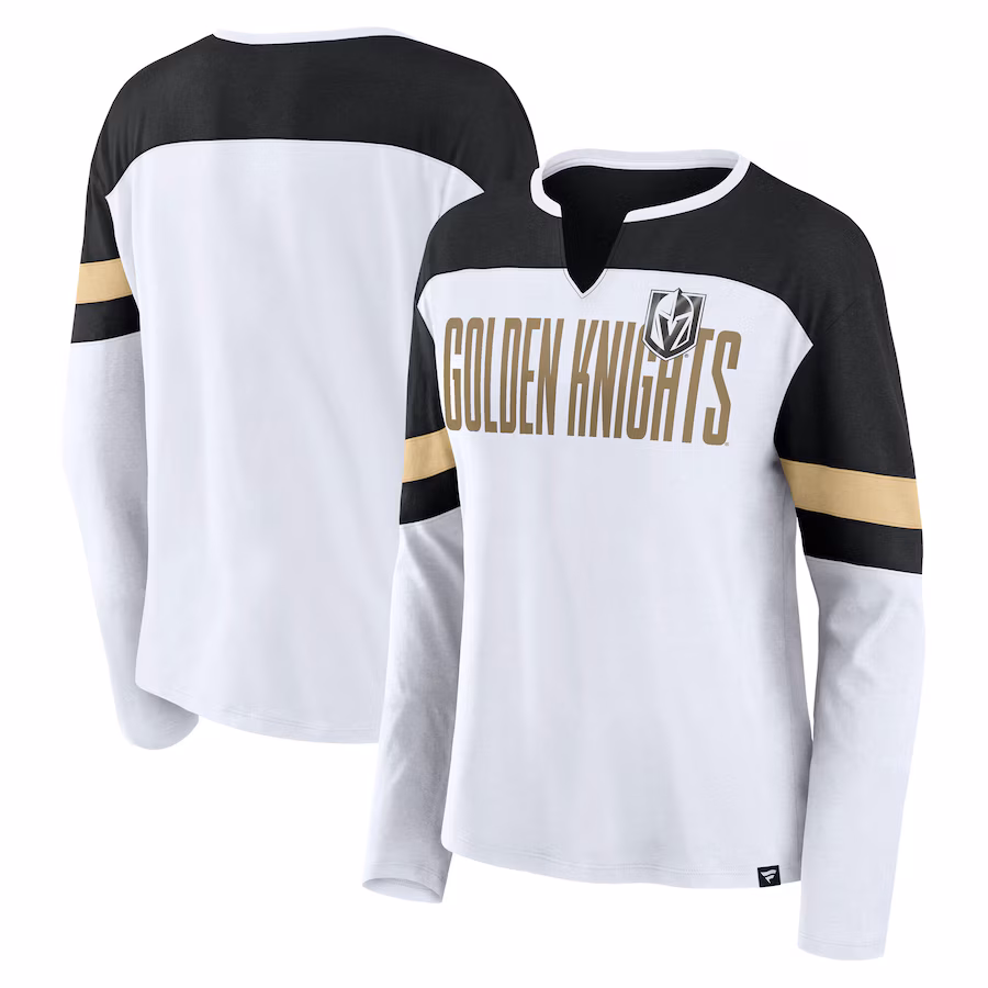 Women's Vegas Golden Knights Fanatics White/Black Frozen Long Sleeve Notch Neck T-Shirt - ujerseystore