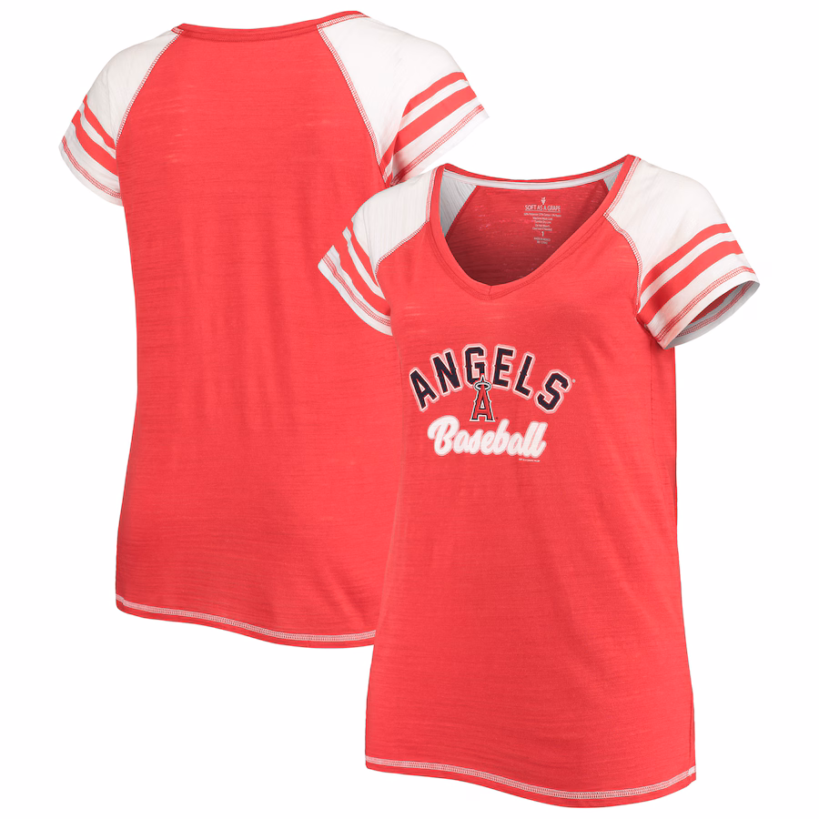 Women's Los Angeles Angels Soft as a Grape Red Curvy Color Block Tri-Blend Raglan V-Neck T-Shirt - ujerseystore