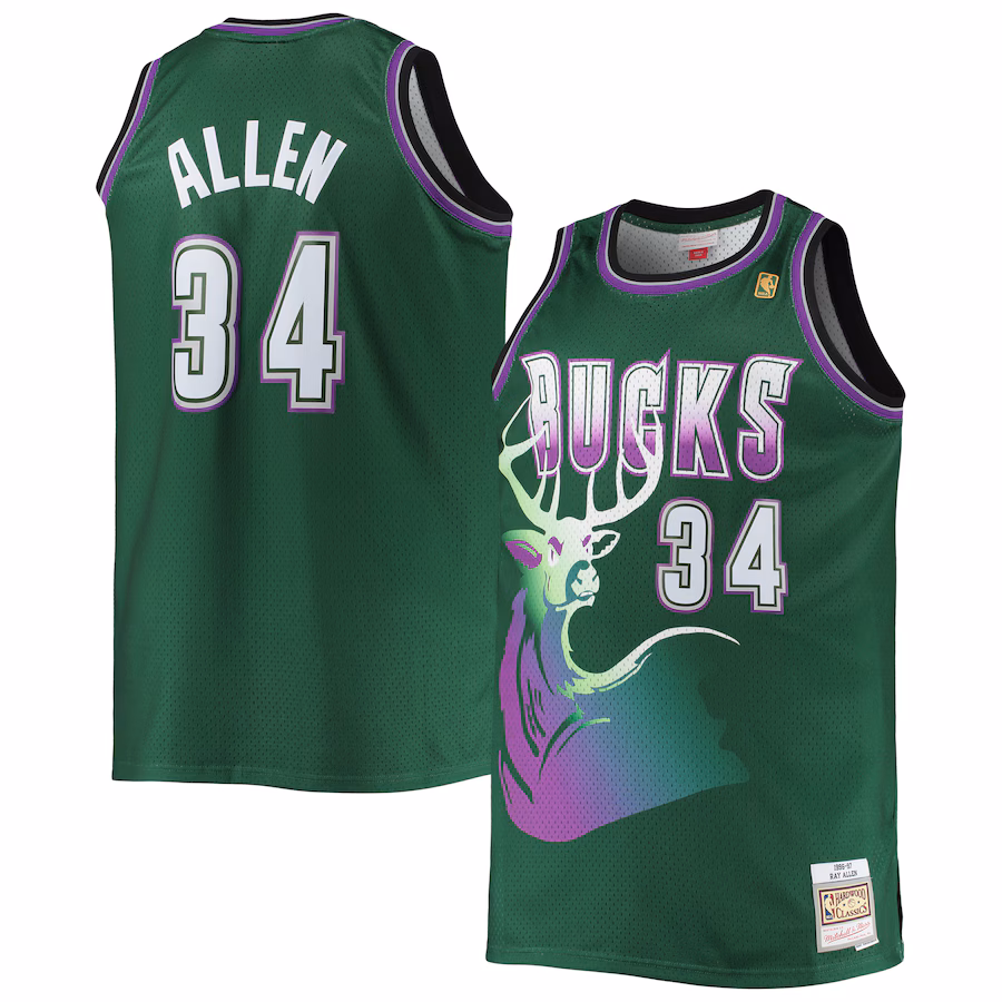 Men's Milwaukee Bucks Ray Allen Mitchell & Ness Hunter Green Big & Tall 1996/97 Hardwood Classics Swingman Jersey - ujerseystore