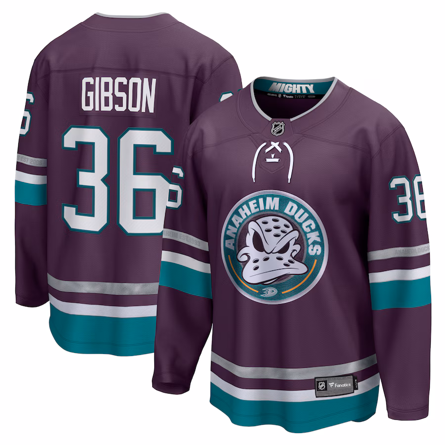 Men's Anaheim Ducks John Gibson Fanatics Purple 30th Anniversary Premier Breakaway Jersey - ujerseystore