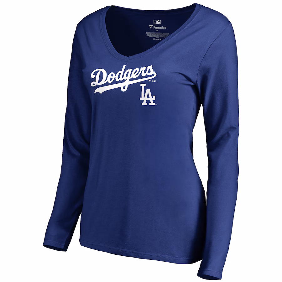 Women's Los Angeles Dodgers Royal Team Lockup Slim Fit Long Sleeve V-Neck T-Shirt - ujerseystore
