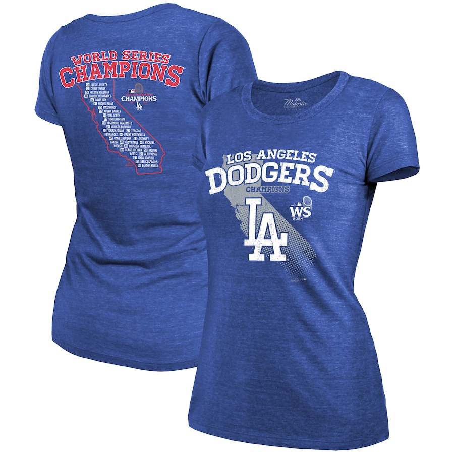 Women's Los Angeles Dodgers Majestic Threads Royal 2024 World Series Champions Tri-Blend Roster T-Shirt - ujerseystore