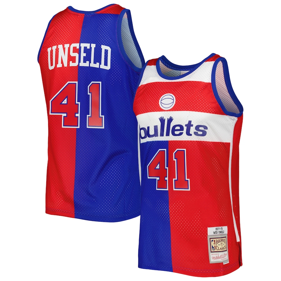 Men's Washington Bullets Wes Unseld Mitchell & Ness Blue/Red Hardwood Classics 1977/78 Split Swingman Jersey - ujerseystore