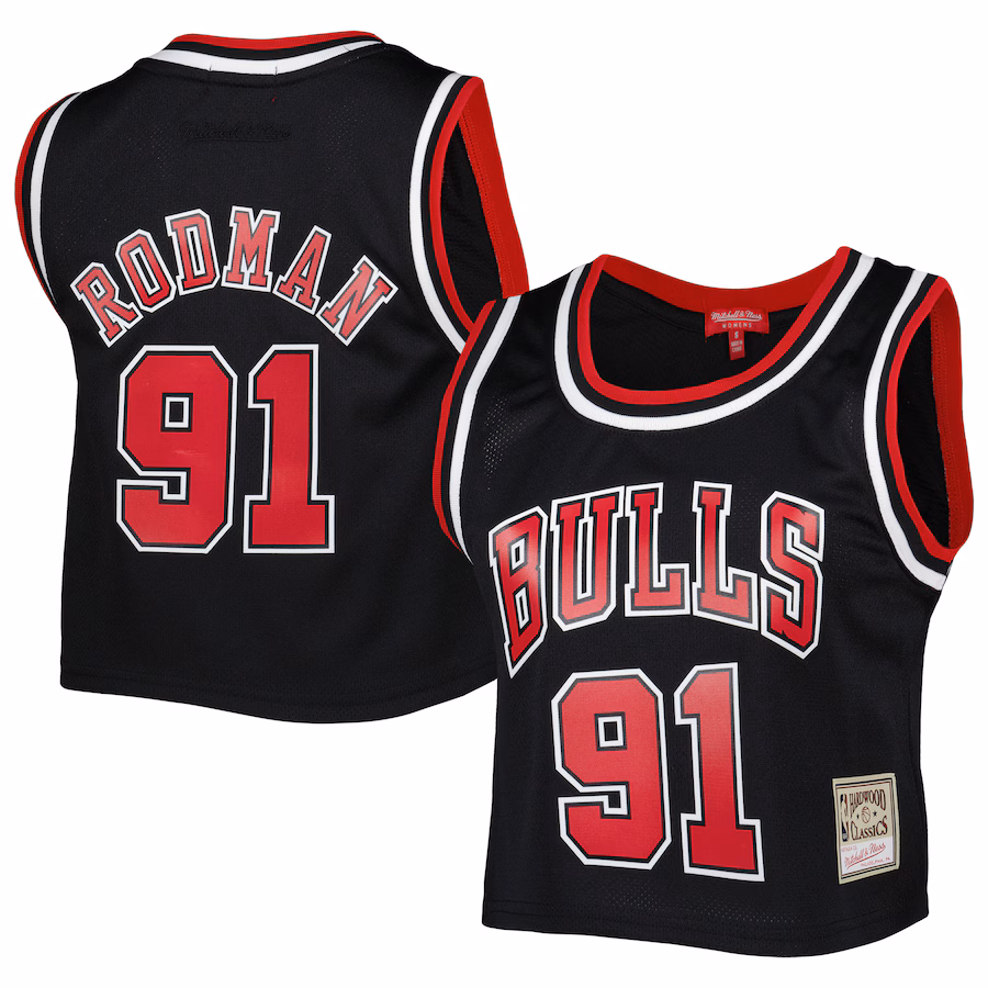 Women's Chicago Bulls Dennis Rodman Mitchell & Ness Black 1997 Hardwood Classics Crop Player Tank Top - ujerseystore
