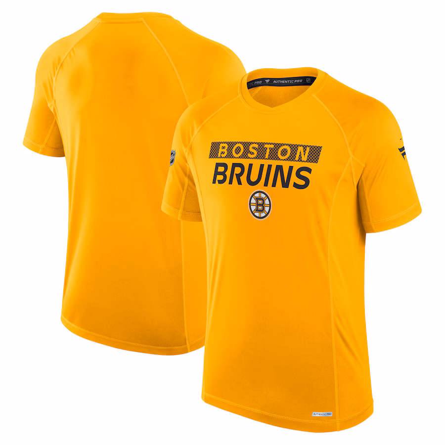 Men's Boston Bruins Fanatics Gold Authentic Pro Rink Tech T-Shirt - ujerseystore