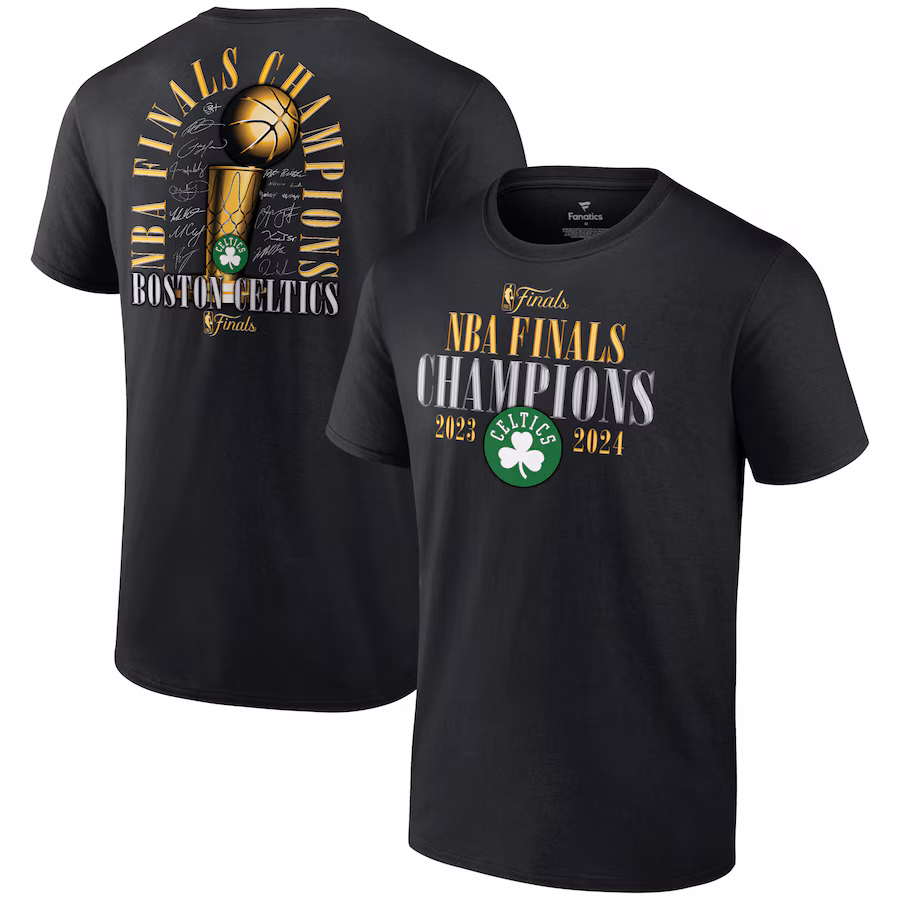 Men's Boston Celtics Fanatics Black 2024 NBA Finals Champions Fade Away Jumper Roster Signature T-Shirt - ujerseystore