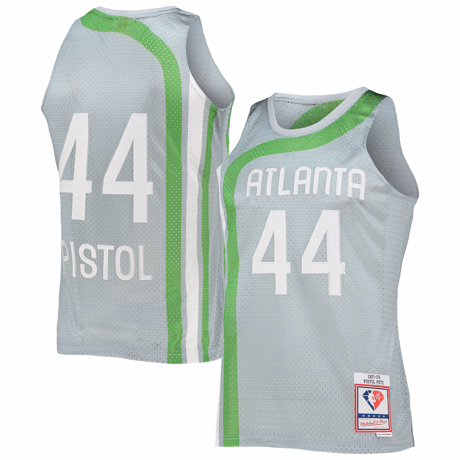 Men's Atlanta Hawks Pete Maravich Silver Mitchell & Ness 75th Anniversary 1971/72 Hardwood Classics Swingman Jersey - ujerseystore