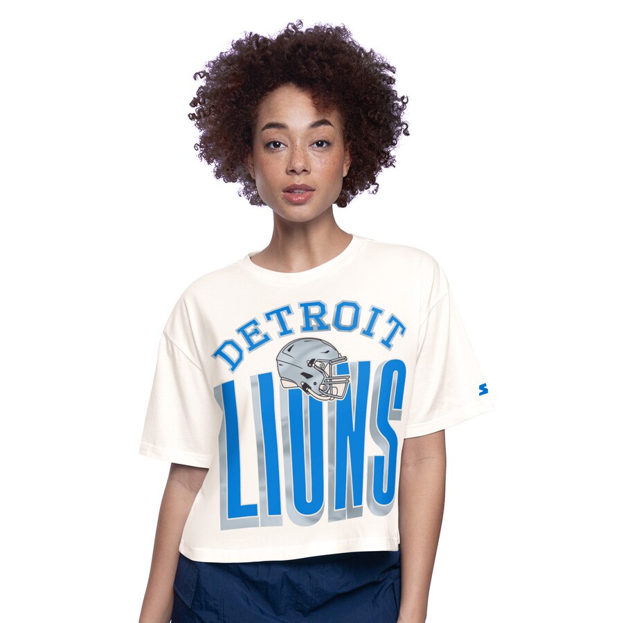 Women's Detroit Lions  Starter Cream Throwback Play the Ball Boxy Cropped T-Shirt - ujerseystore