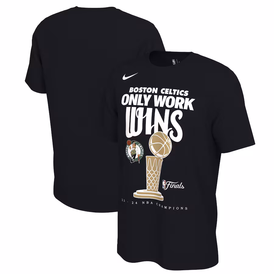 Men's Boston Celtics Nike Black 2024 NBA Finals Champions Celebration Trophy T-Shirt - ujerseystore