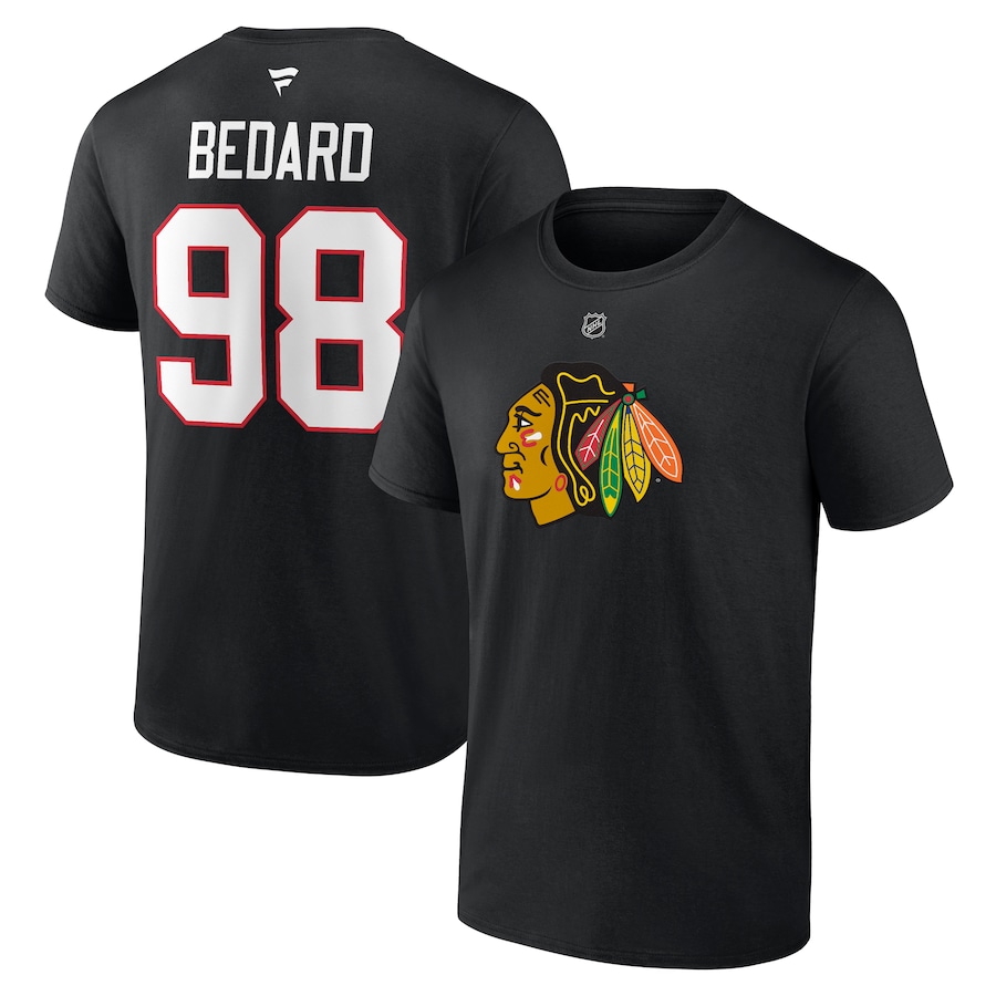 Men's Chicago Blackhawks Connor Bedard Fanatics Black 2023 NHL Draft Authentic Stack Player Name & Number T-Shirt - ujerseystore