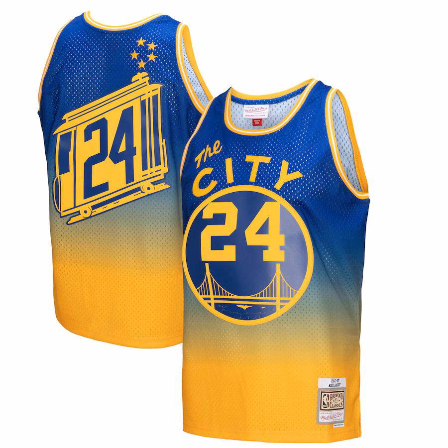 Men's San Francisco Warriors Rick Barry Mitchell & Ness Gold/Royal 1966/67 Hardwood Classics Fadeaway Swingman Player Jersey - ujerseystore