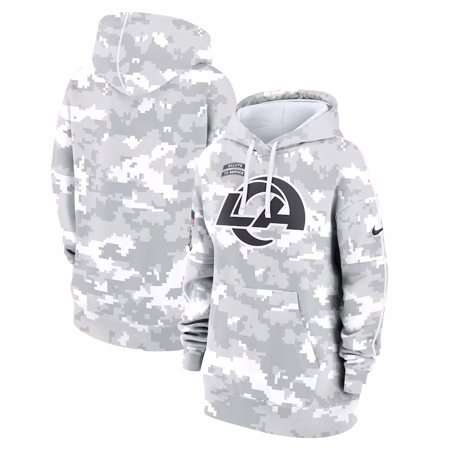 Women's Los Angeles Rams Nike Arctic Camo 2024 Salute To Service Club Fleece Pullover Hoodie - ujerseystore