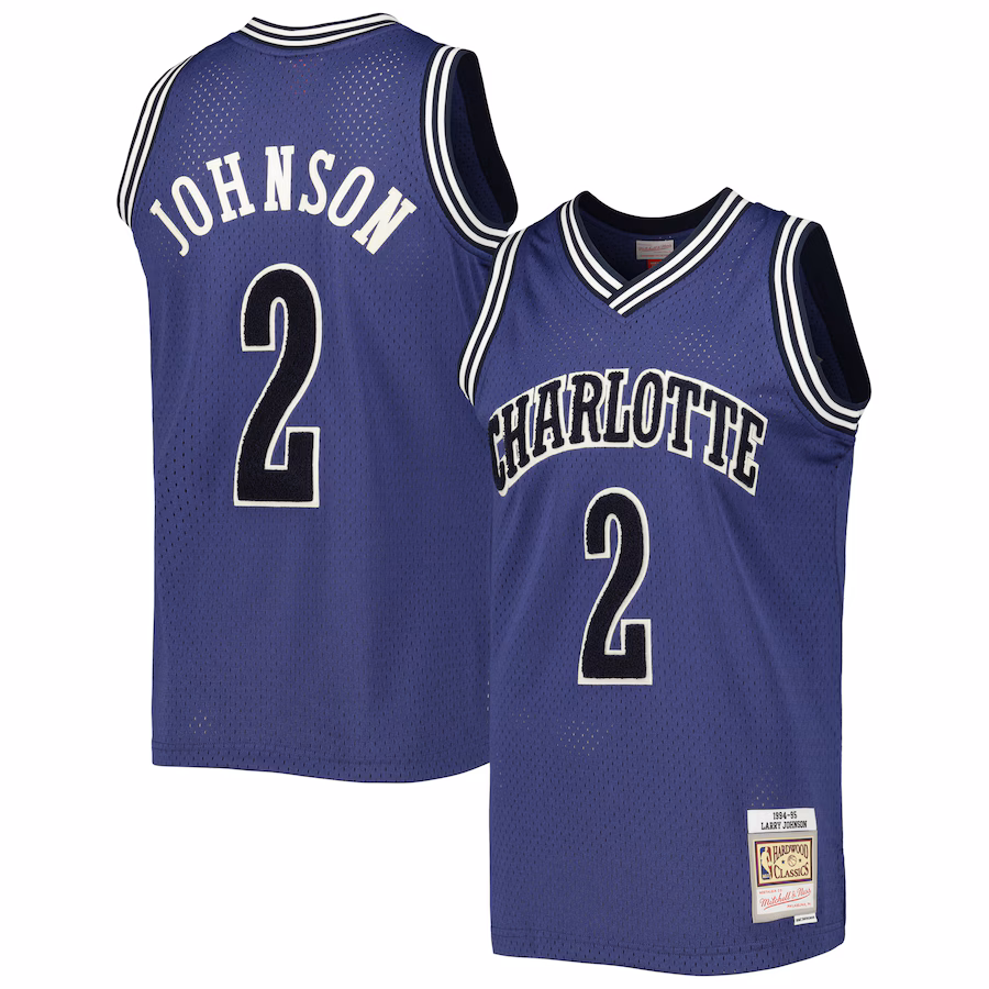 Men's Charlotte Hornets Larry Johnson Mitchell & Ness Purple 1994/95 Hardwood Classics Off-Court Swingman Jersey - ujerseystore
