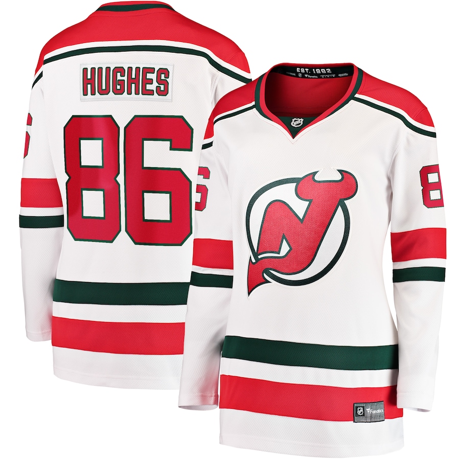 Women's New Jersey Devils Jack Hughes Fanatics White 2022/23 Heritage Premier Breakaway Jersey - ujerseystore