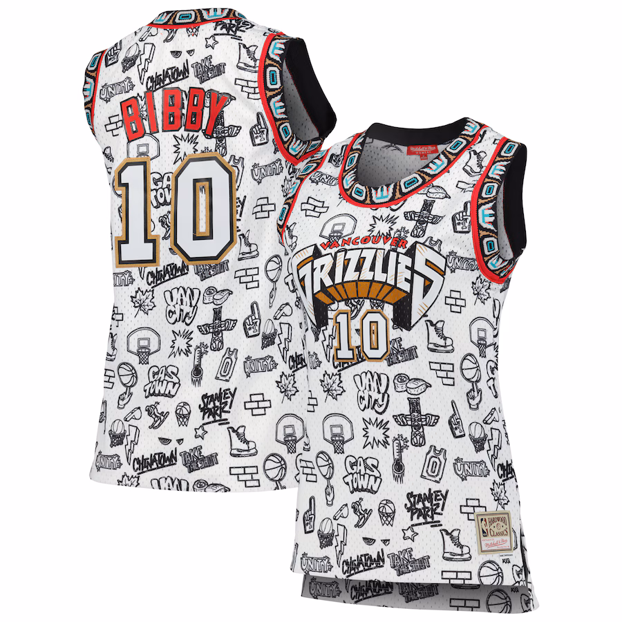 Women's Vancouver Grizzlies Mike Bibby Mitchell & Ness White 1998 Doodle Swingman Jersey - ujerseystore