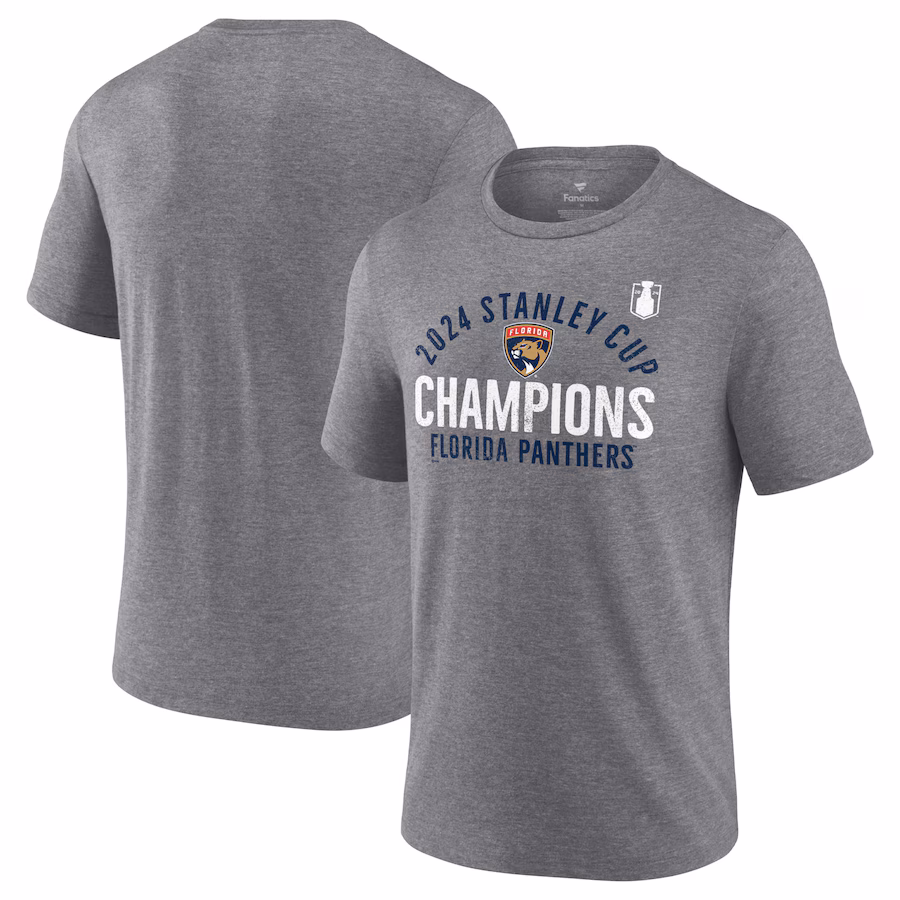 Men's Florida Panthers Fanatics Heather Gray 2024 Stanley Cup Champions Rush Tri-Blend T-Shirt - ujerseystore