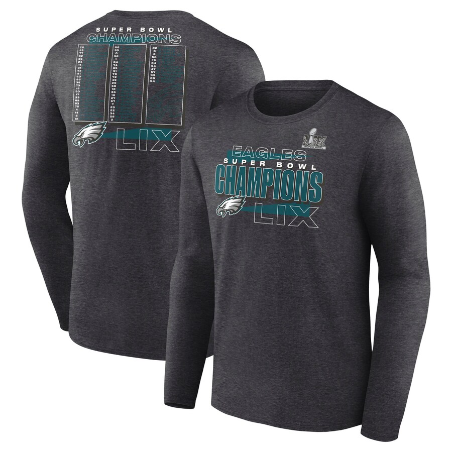 Men's Philadelphia Eagles Fanatics Heather Charcoal Super Bowl LIX Champions Roster Long Sleeve T-Shirt - ujerseystore