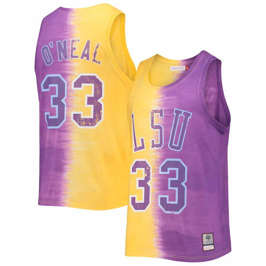 Shaquille O'Neal LSU Tigers Mitchell & Ness Name & Number Tie-Dye Tank Top - Purple/Gold - ujerseystore
