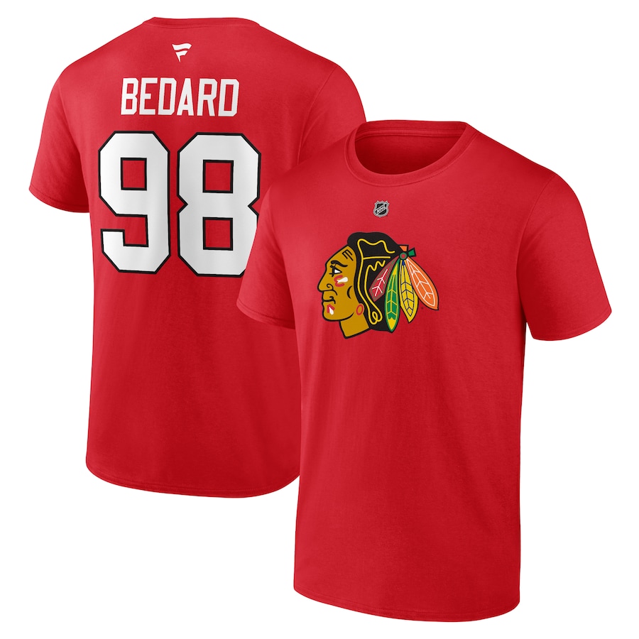 Men's Chicago Blackhawks Connor Bedard Fanatics Red 2023 NHL Draft Authentic Stack Player Name & Number T-Shirt - ujerseystore