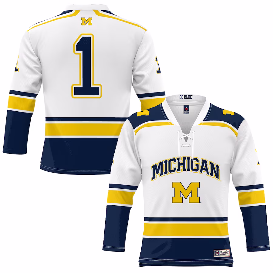 #1 Michigan Wolverines GameDay Greats Youth Hockey Jersey - White - ujerseystore