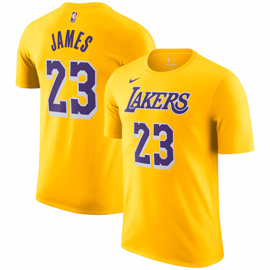 Men's Los Angeles Lakers LeBron James Nike Gold Icon 2022/23 Name & Number T-Shirt - ujerseystore