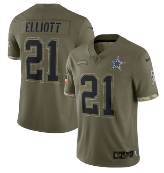 Men's Dallas Cowboys #21 Ezekiel Elliott 2022 Olive Salute To Service Limited Stitched Jersey - ujerseystore
