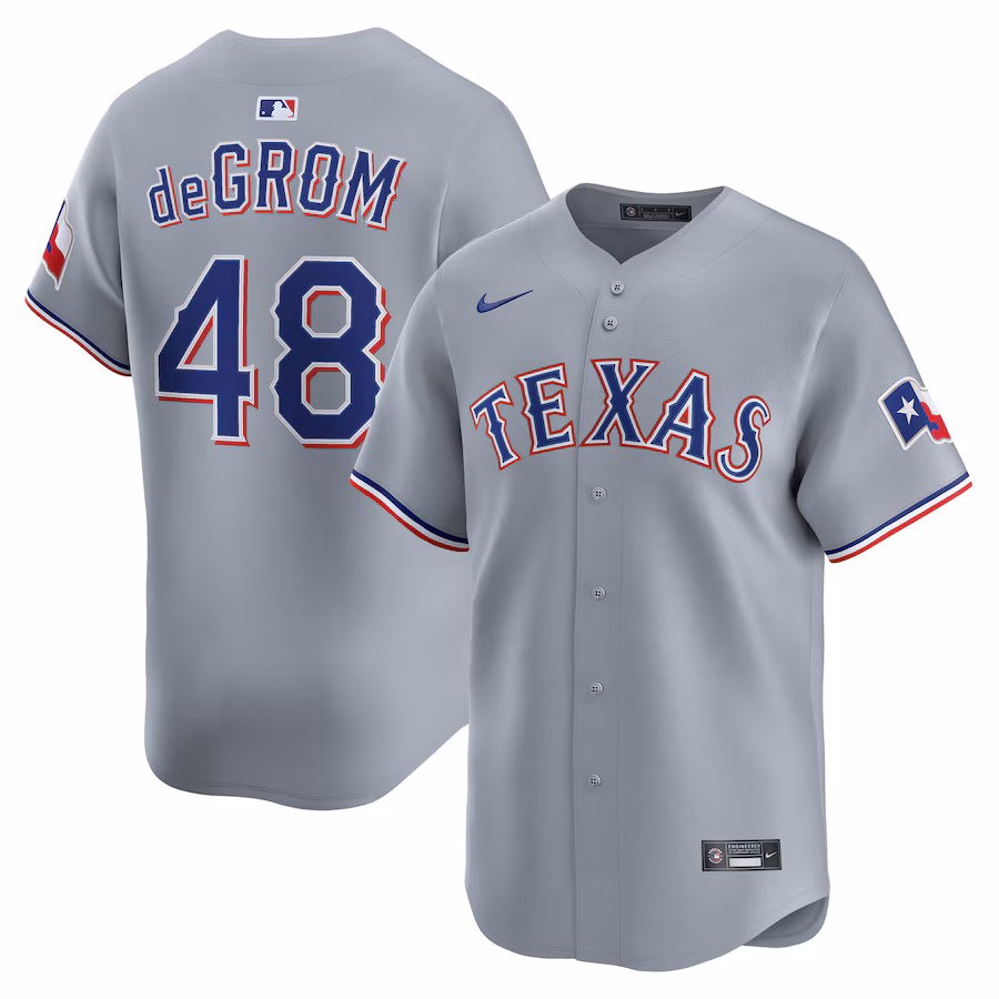 Men's Texas Rangers Jacob deGrom Nike Gray Road Limited Player Jersey - ujerseystore