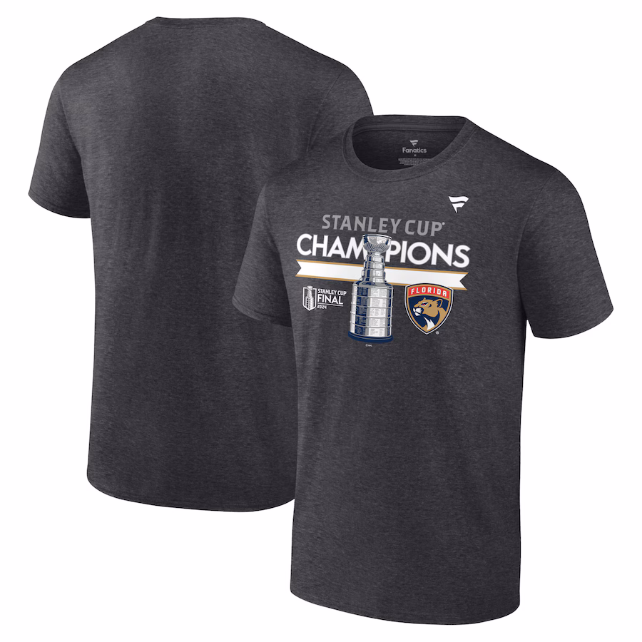 Men's Florida Panthers Fanatics Heather Charcoal 2024 Stanley Cup Champions Locker Room T-Shirt - ujerseystore