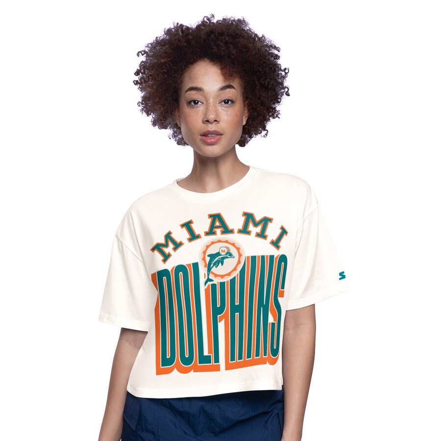 Women's Miami Dolphins  Starter White Throwback Play the Ball Boxy Cropped T-Shirt - ujerseystore