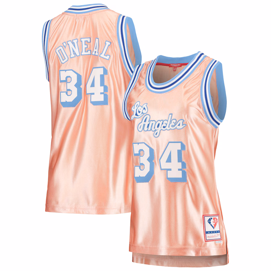 Women's Los Angeles Lakers Shaquille O'Neal Mitchell & Ness Pink 75th Anniversary Rose Gold 1996 Swingman Jersey - ujerseystore