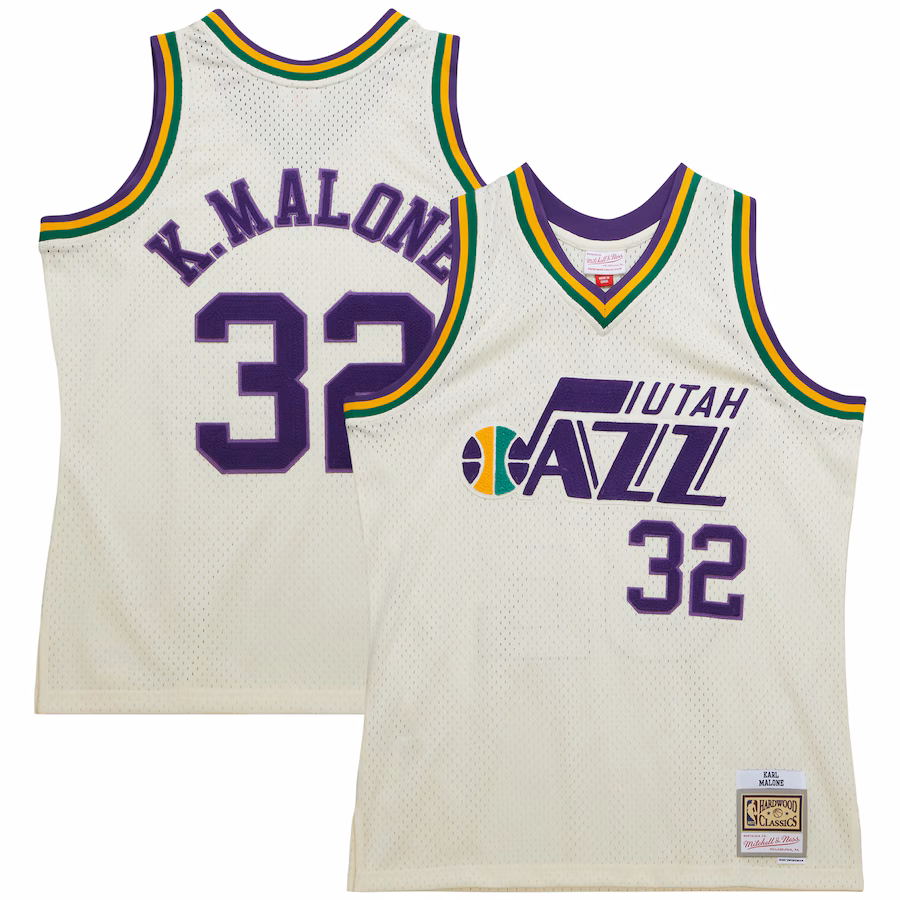 Men's Utah Jazz Karl Malone Mitchell & Ness Cream Chainstitch Swingman Jersey - ujerseystore