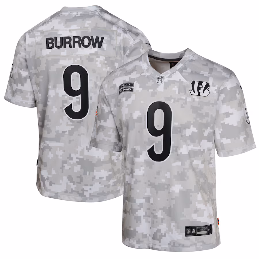 Youth Cincinnati Bengals Joe Burrow Nike Arctic Camo 2024 Salute to Service Game Jersey - ujerseystore