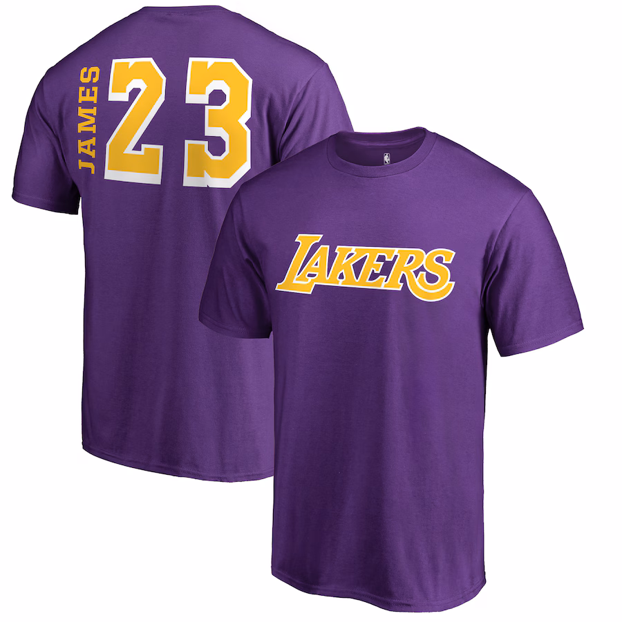 Men's Los Angeles Lakers LeBron James Purple Sidesweep Name & Number T-Shirt - ujerseystore