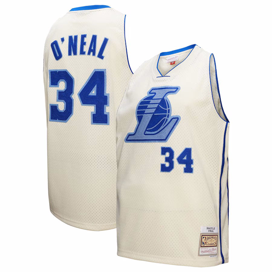 Men's Los Angeles Lakers Shaquille O'Neal Mitchell & Ness Cream Chainstitch Swingman Jersey - ujerseystore