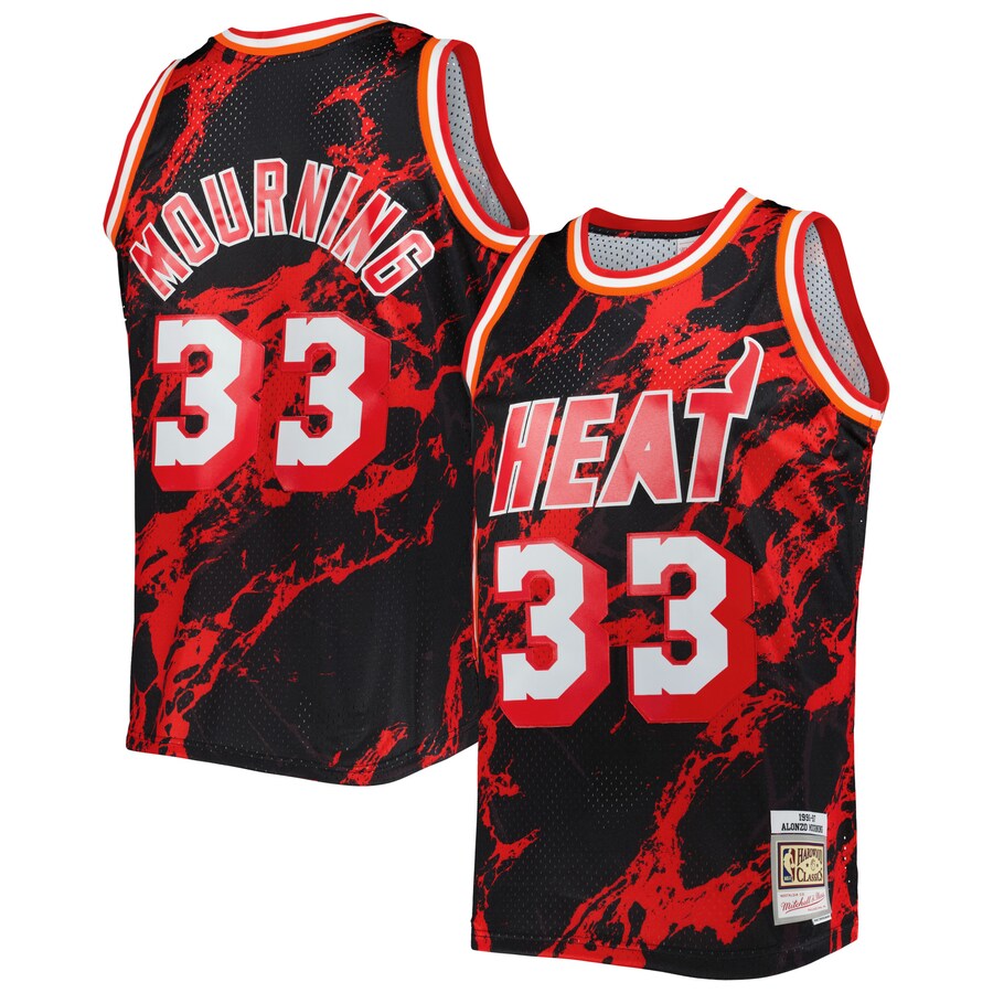 Men's Miami Heat Alonzo Mourning Mitchell & Ness Black 1996/97 Hardwood Classics Marble Swingman Jersey - ujerseystore
