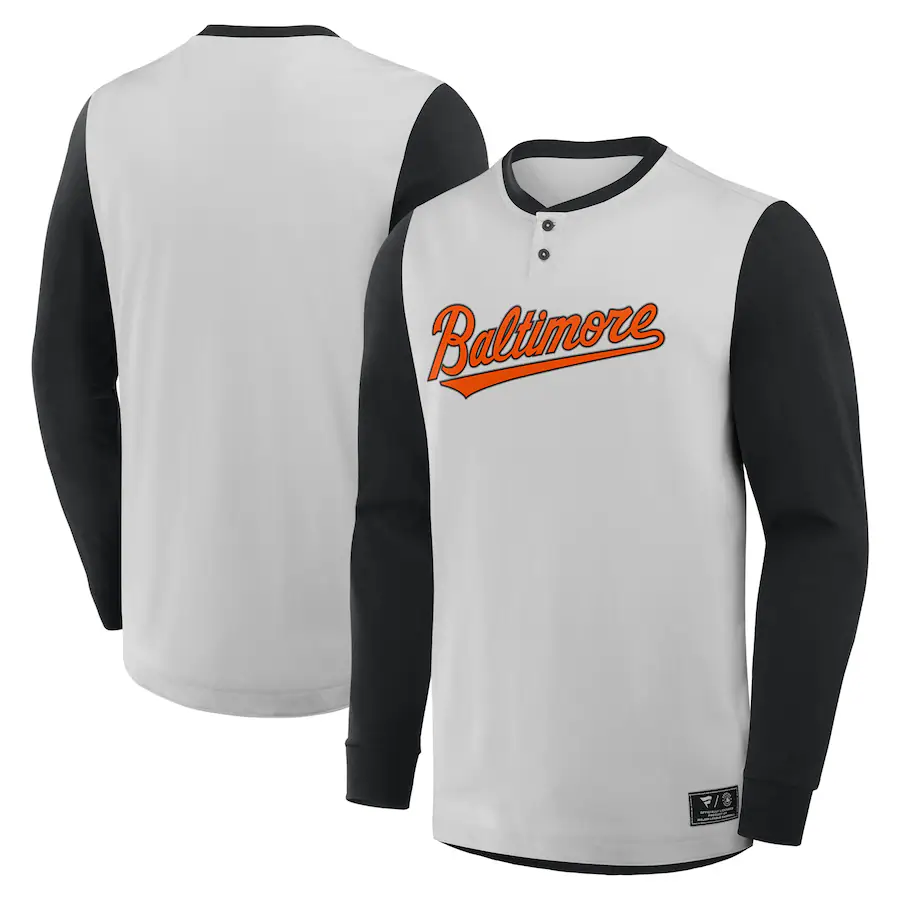 Men's Baltimore Orioles Fanatics Gray/Black Clubhouse Long Sleeve Henley Shirt - ujerseystore