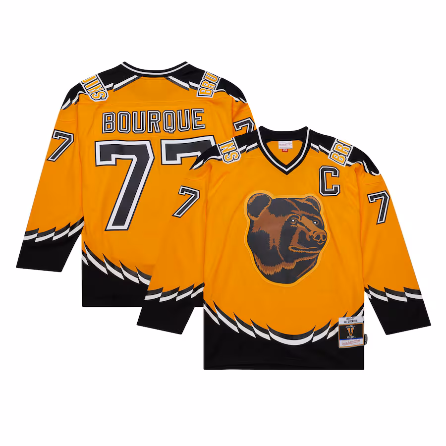 Men's Boston Bruins Ray Bourque Mitchell & Ness Gold 1996/97 Captain Patch Blue Line Player Jersey - ujerseystore