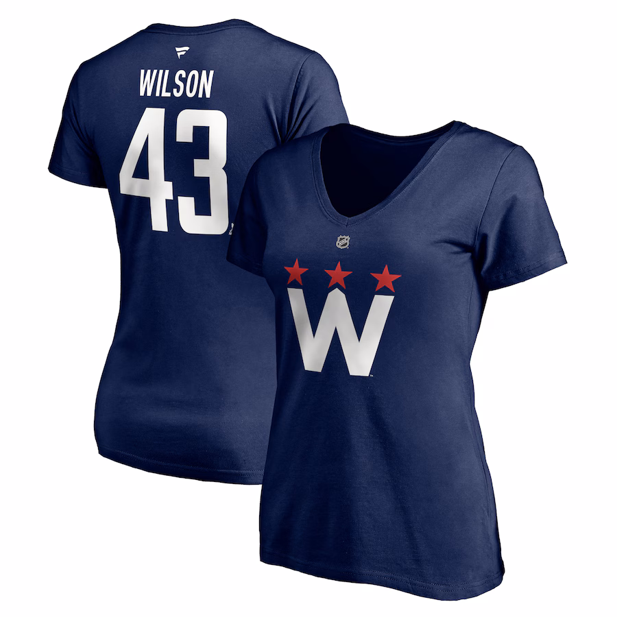 Women's Washington Capitals Tom Wilson Fanatics Navy 2020/21 Alternate Authentic Stack Name & Number V-Neck T-Shirt - ujerseystore