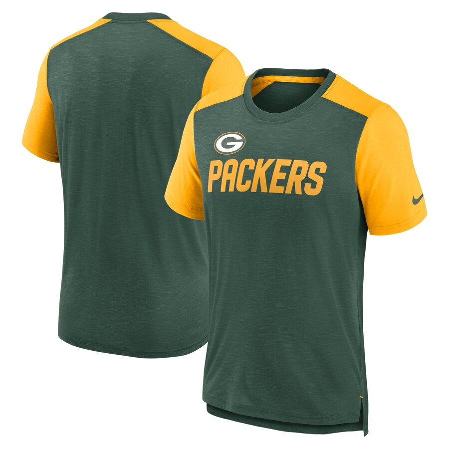 Men's Green Bay Packers Nike Heathered Green/Heathered Gold Color Block Team Name T-Shirt - ujerseystore