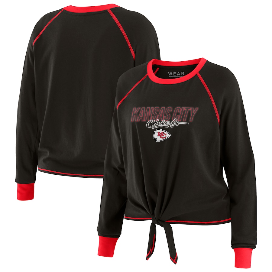 Women's Kansas City Chiefs WEAR by Erin Andrews Black Tie-Front Long Sleeve T-Shirt - ujerseystore