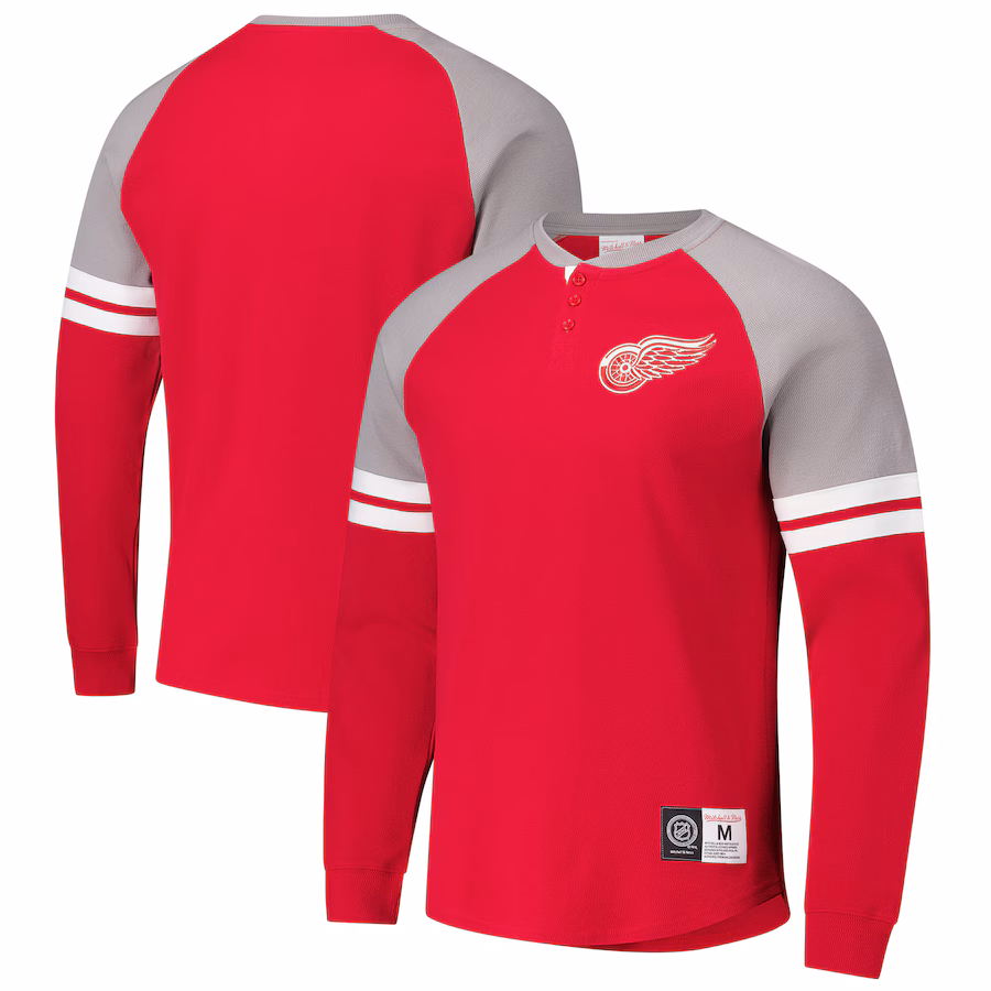 Men's Detroit Red Wings Mitchell & Ness Red Thermal Henley Long Sleeve T-Shirt - ujerseystore