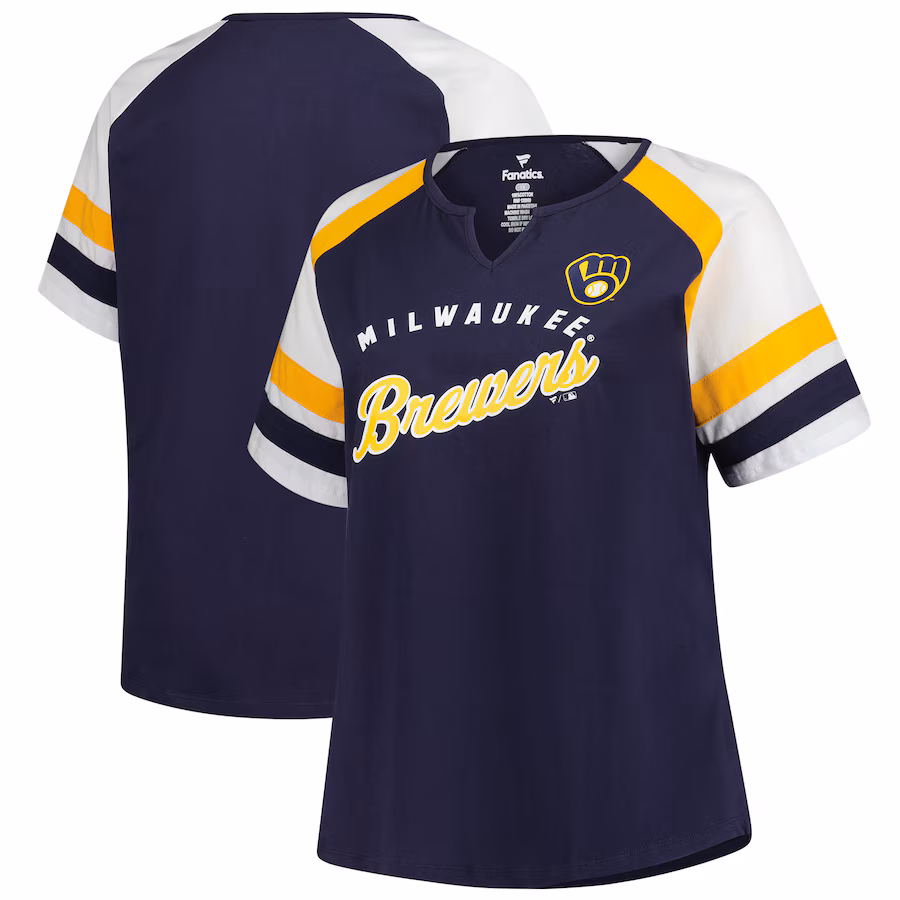 Women's Milwaukee Brewers Profile Navy Plus Sized Arched Notch Neck T-Shirt - ujerseystore