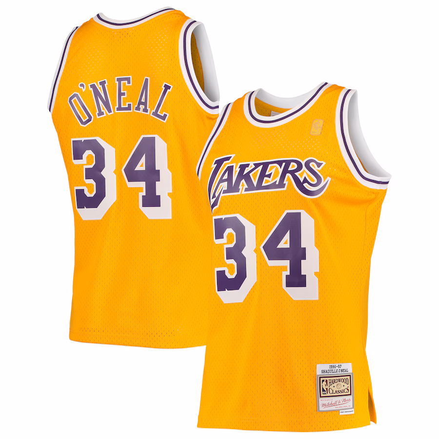 Men's Los Angeles Lakers Shaquille O'Neal Mitchell & Ness Gold 1996/97 Hardwood Classics Swingman Jersey - ujerseystore
