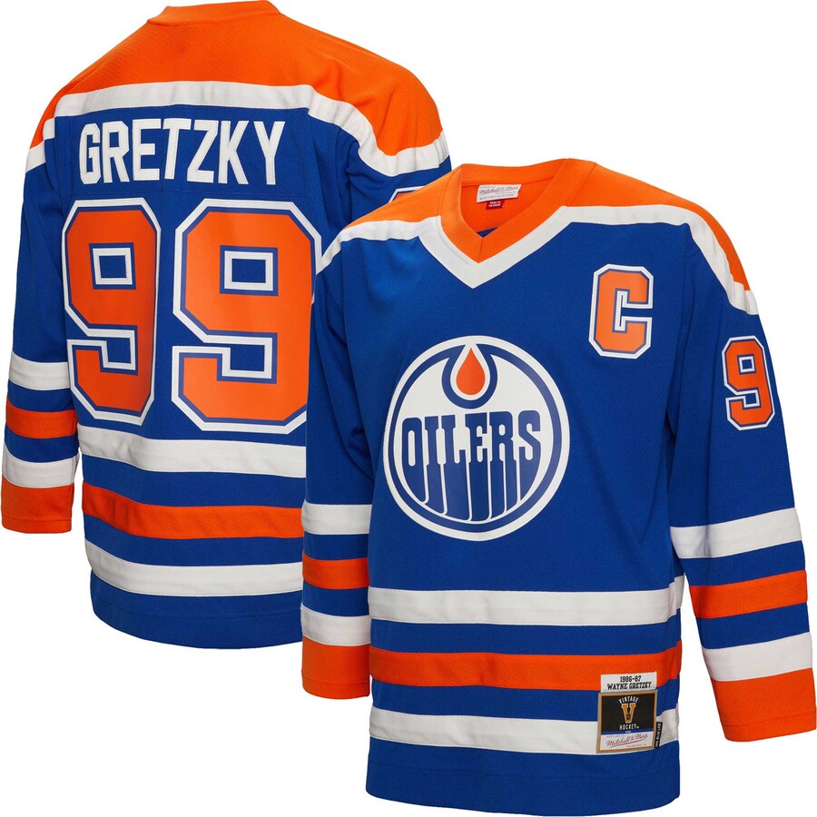Men's Edmonton Oilers Wayne Gretzky Mitchell & Ness Royal 1986/87 Captain Patch Blue Line Player Jersey - ujerseystore