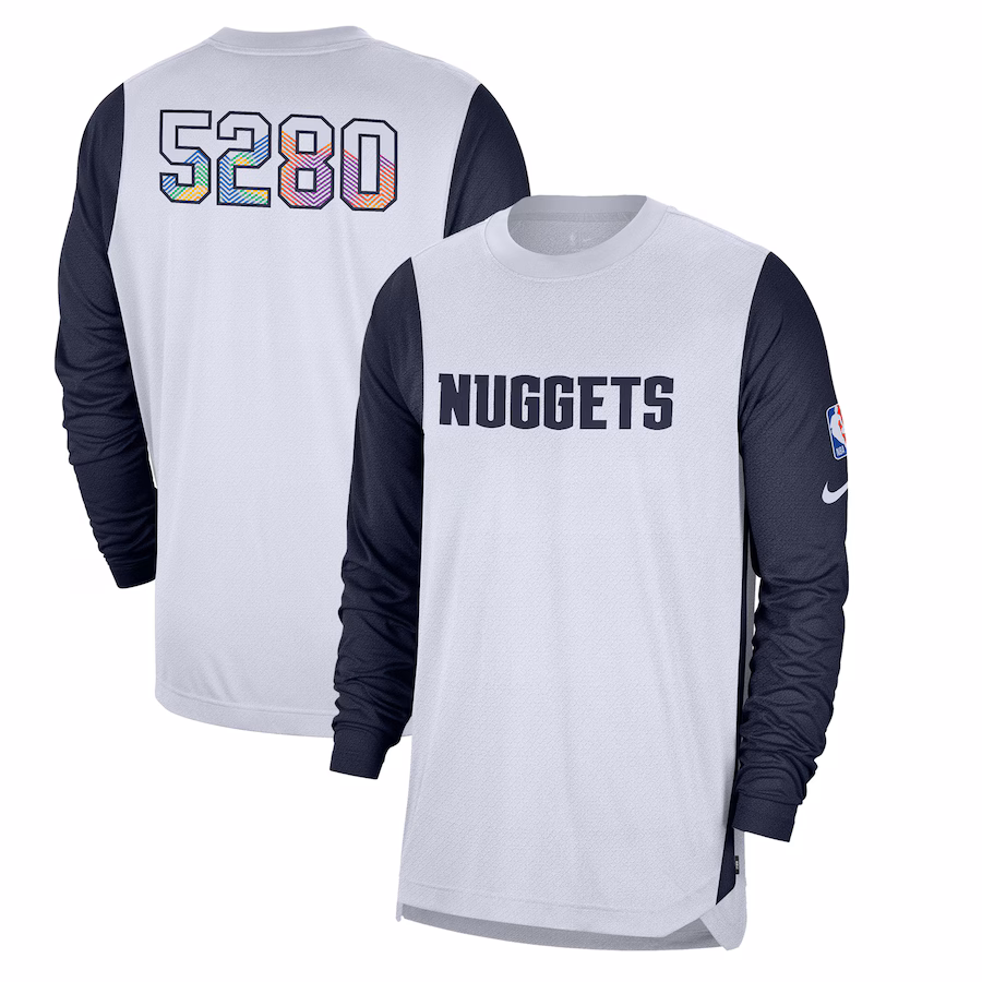 Men's Denver Nuggets Nike White 2024/25 City Edition Authentic Pregame Performance Long Sleeve Shooting T-Shirt - ujerseystore