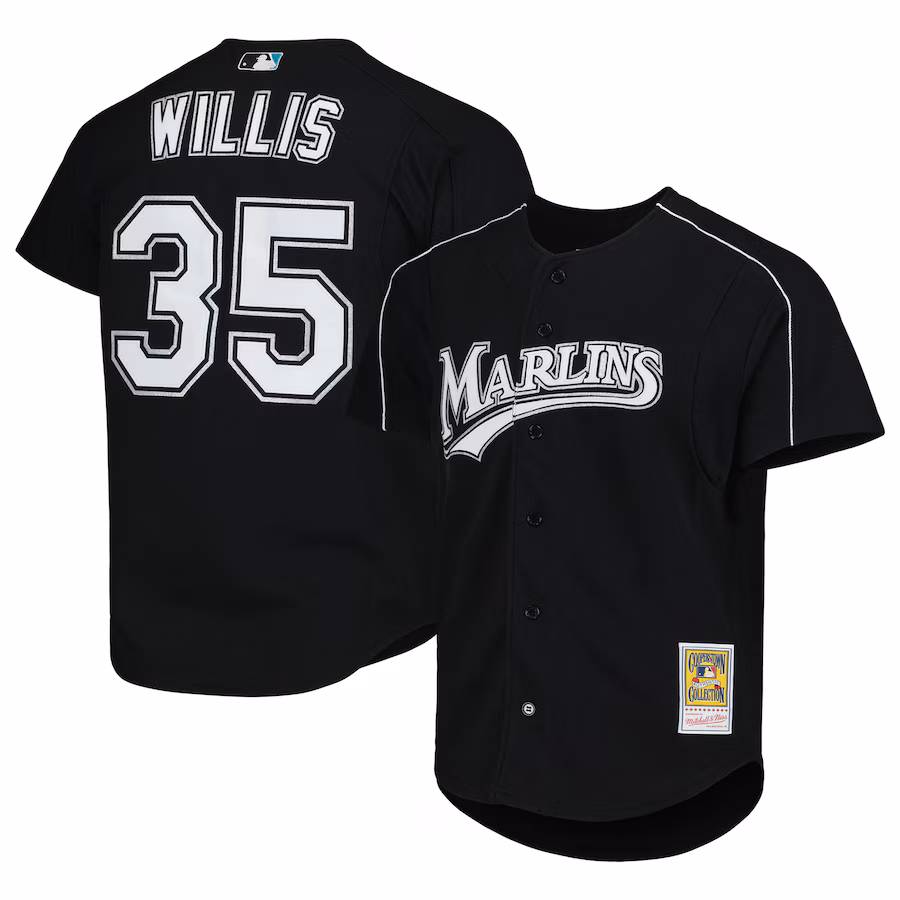 Men's Florida Marlins Dontrelle Willis Mitchell & Ness Black Cooperstown Collection Mesh Batting Practice Button-Up Jersey - ujerseystore