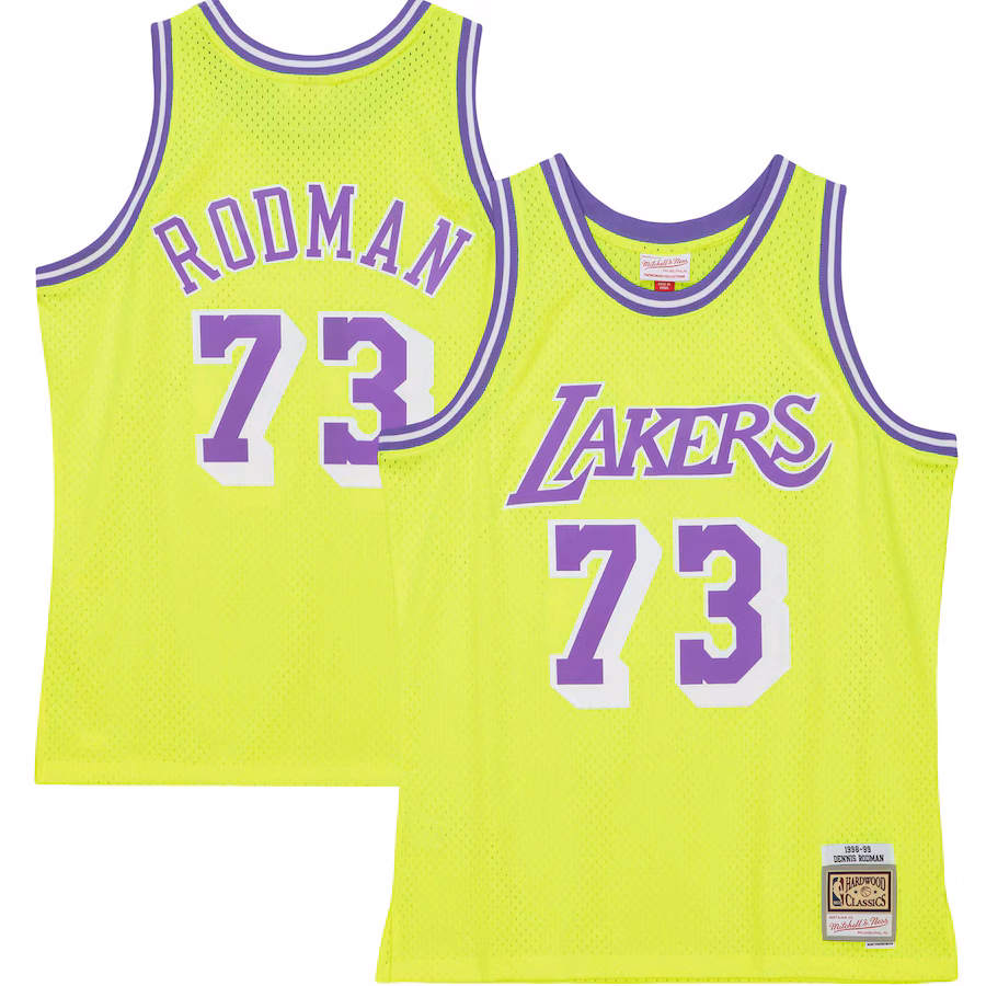 Men's Los Angeles Lakers Dennis Rodman Mitchell & Ness Neon Yellow Hardwood Classics 1998/99 Tropical Swingman Jersey - ujerseystore