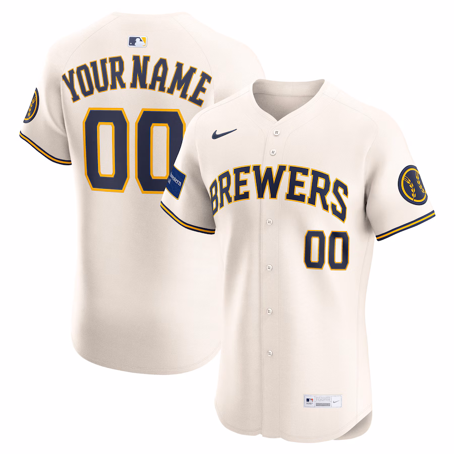 Men's Milwaukee Brewers Nike Cream Home Elite Sponsor Patch Custom Jersey - ujerseystore